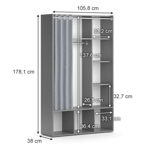 Armoire Pour Enfants Luigi 40649 Gris 105.8x178.1cm Avec Tringle à Rideaux