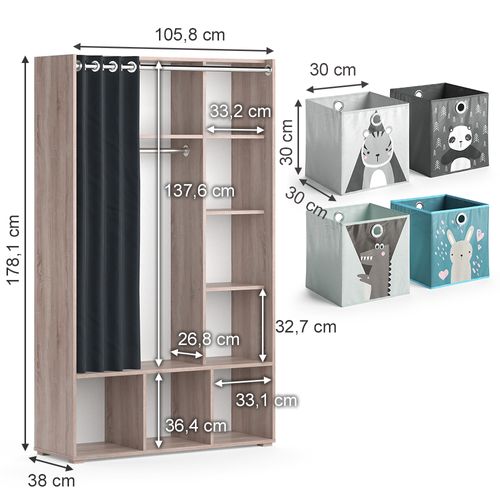 Armoire Pour Enfants Luigi 40653 Sonoma 105.8x178.1cm Avec Boîtes Pliantes (grises)