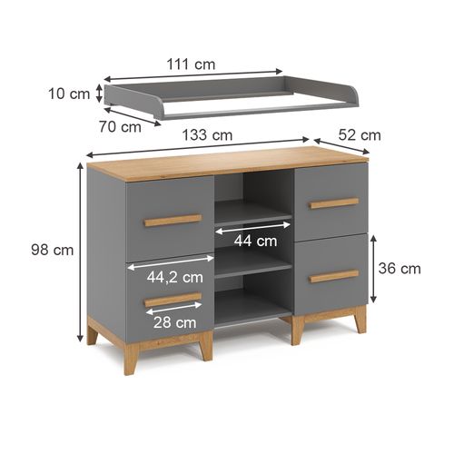 Commode à Langer Malia 40527 Gris 133x108cm XL Avec 4 Tiroirs
