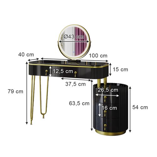 Coiffeuse Charlène 40630 Noir 100cm Avec Miroir LED