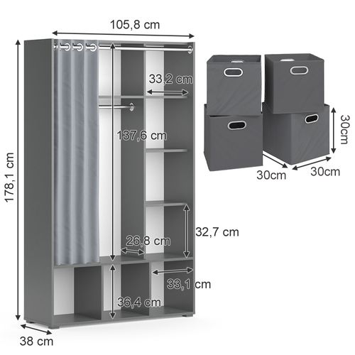 Armoire Luigi 40726 Gris 38x178.1cm Avec Boîtes Pliantes (grises)