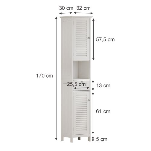 Colonne De Salle De Bain Riad, Blanc, 32x170cm Avec Portes, Tiroir Et Compartiment Ouvert