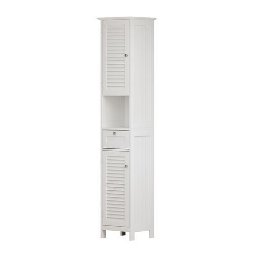 Colonne De Salle De Bain Riad, Blanc, 32x170cm Avec Portes, Tiroir Et Compartiment Ouvert