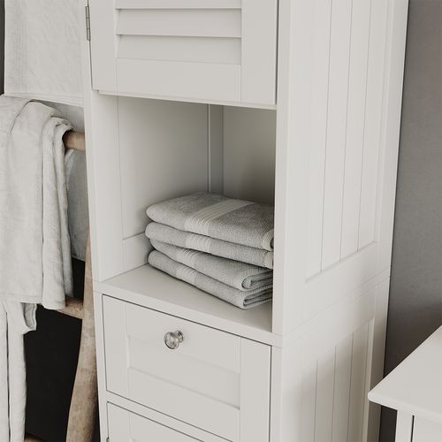 Colonne De Salle De Bain Riad, Blanc, 32x170cm Avec Portes, Tiroir Et Compartiment Ouvert