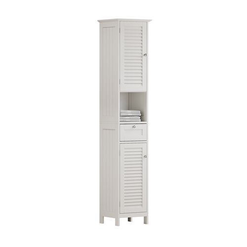 Colonne De Salle De Bain Riad, Blanc, 32x170cm Avec Portes, Tiroir Et Compartiment Ouvert