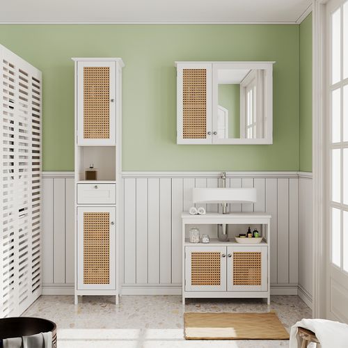 Colonne De Salle De Bain Rosario, Blanc, 32x170cm Avec 2 Portes Et Un Tiroir