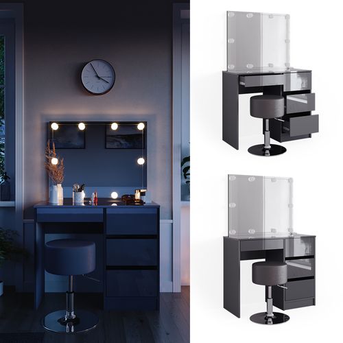 Coiffeuse Sherry 40840 Anthracite Haute Brillance 90cm Avec Éclairage LED Et Tabouret