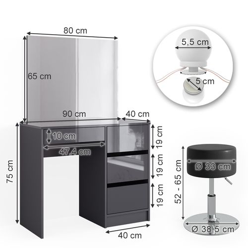 Coiffeuse Sherry 40840 Anthracite Haute Brillance 90cm Avec Éclairage LED Et Tabouret