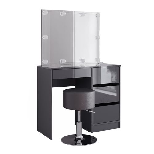 Coiffeuse Sherry 40840 Anthracite Haute Brillance 90cm Avec Éclairage LED Et Tabouret