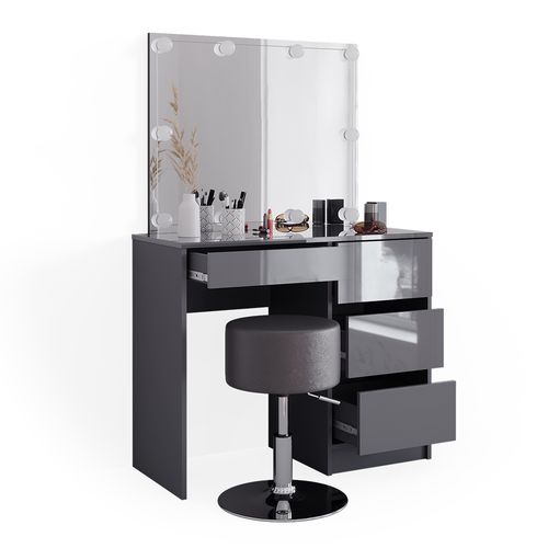 Coiffeuse Sherry 40840 Anthracite Haute Brillance 90cm Avec Éclairage LED Et Tabouret