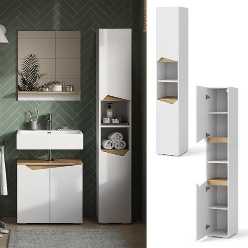 Colonne De Salle De Bain Marelle, Blanc, 30x180cm Avec Portes, Et Compartiments Ouverts