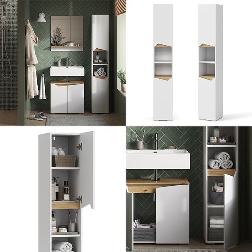 Colonne De Salle De Bain Marelle, Blanc, 30x180cm Avec Portes, Et Compartiments Ouverts