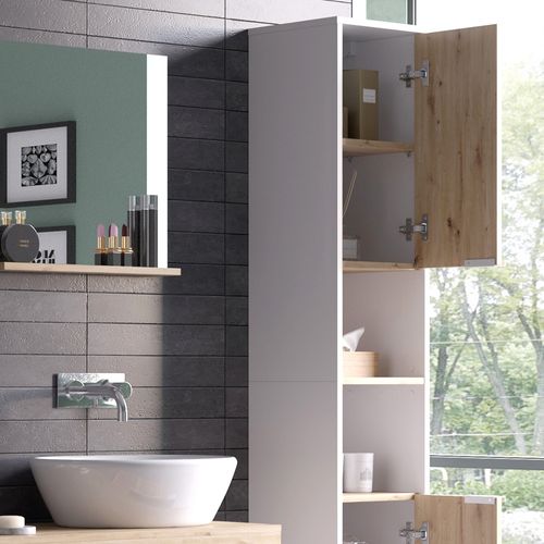 Colonne De Salle De Bain Henri, Blanc, 30x165cm Avec Portes, Et Compartiments Ouverts