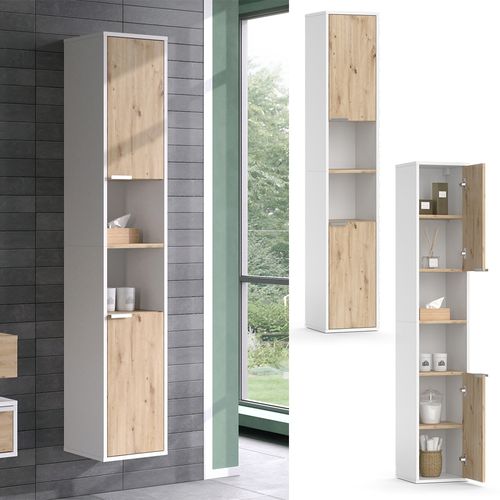 Colonne De Salle De Bain Henri, Blanc, 30x165cm Avec Portes, Et Compartiments Ouverts