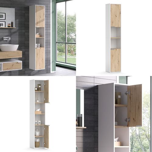 Colonne De Salle De Bain Henri, Blanc, 30x165cm Avec Portes, Et Compartiments Ouverts