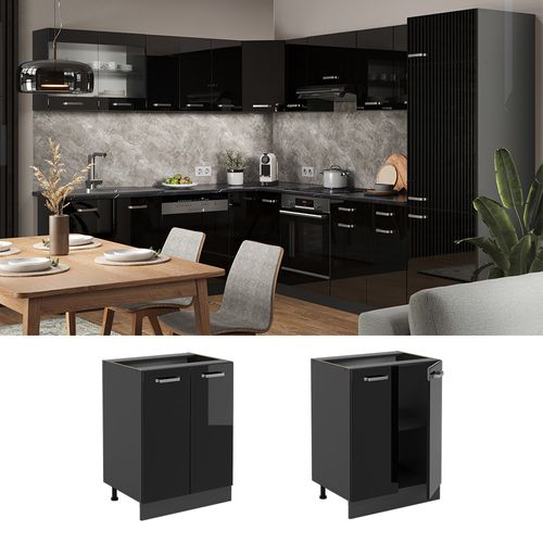Meuble Bas De Cuisine R-line 41058 Noir Haute Brillance 60cm Sans Pt