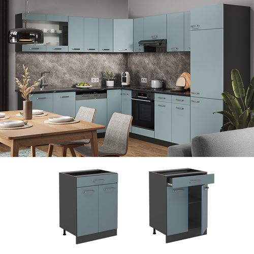 Meuble Cuisine R-line 41059 Bleu-gris 60cm Avec Tiroir, Sans Pt
