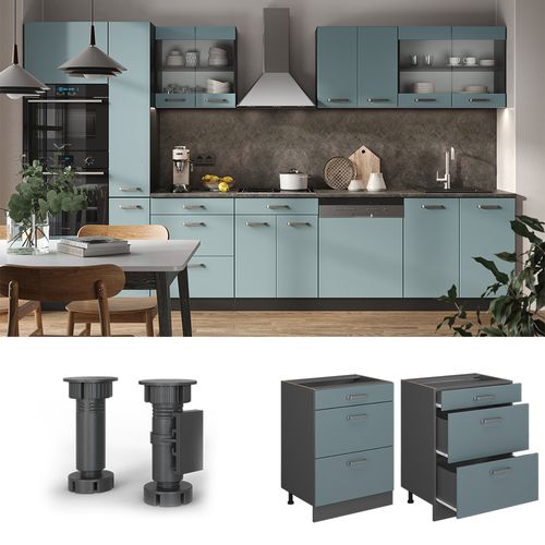 Meuble Cuisine R-line 41175 Bleu-gris 60cm Avec Tiroirs, Sans Pt