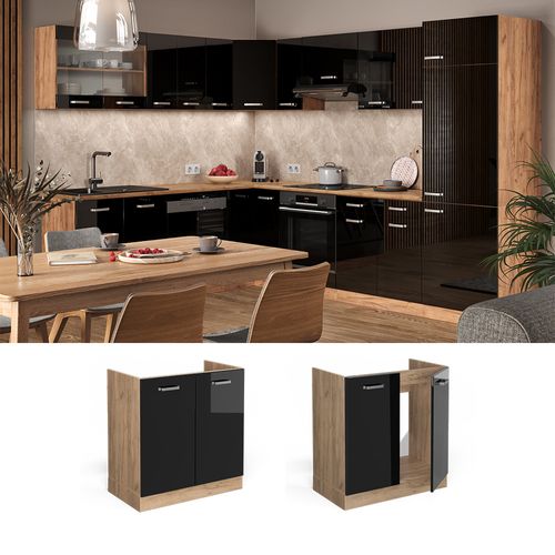 Meuble Bas Sous-évier R-line 41098 Noir Haute Brillance 80cm Sans Pt