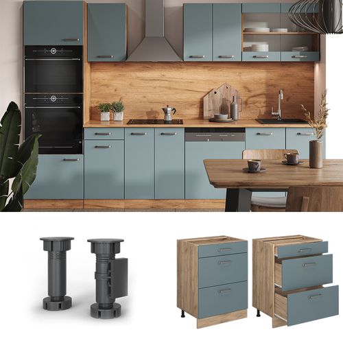 Meuble Cuisine R-line 41125 Bleu-gris 60cm Avec Tiroirs, Sans Pt