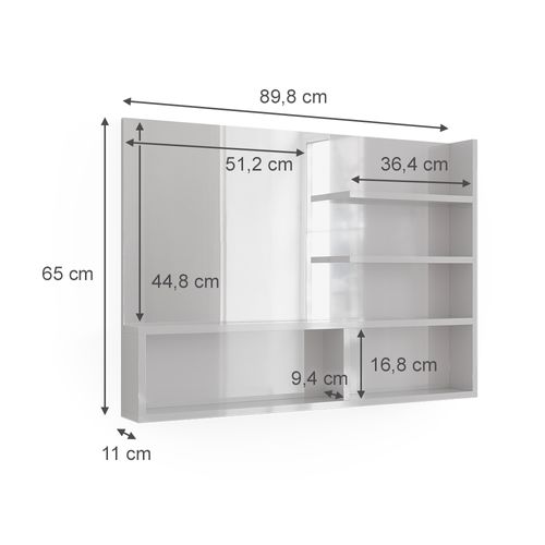 Miroir Mural , Blanc Haute Brillance, 89.8x65cm Avec Compartiments Ouverts
