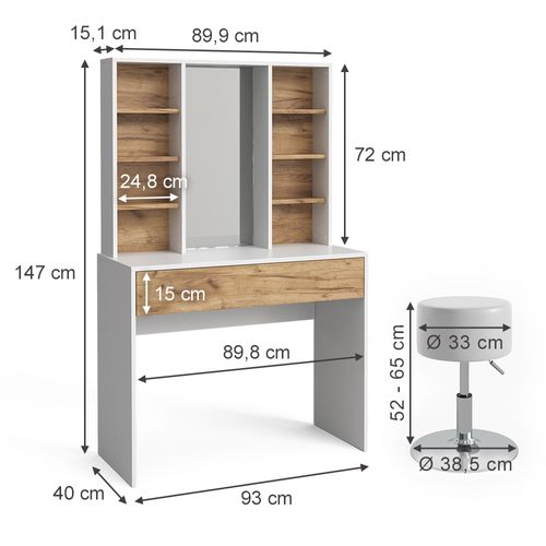 Coiffeuse Alexa 41326 Chêne Doré/blanc 93cm Avec Tabouret