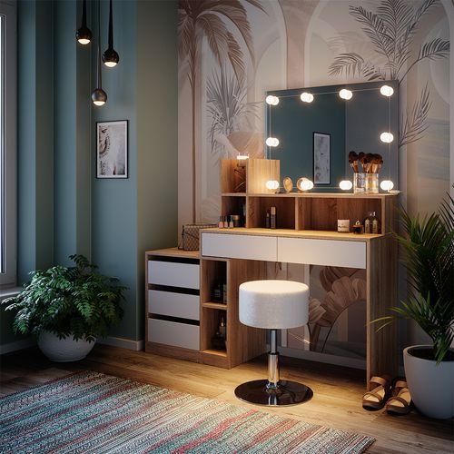 Coiffeuse Anja 41331 Blanc/sonoma 139.8cm Avec Éclairage LED Et Tabouret