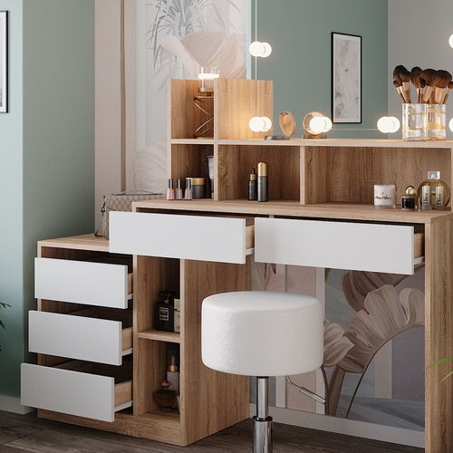 Coiffeuse Anja 41331 Blanc/sonoma 139.8cm Avec Éclairage LED Et Tabouret