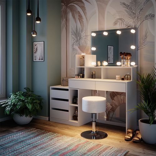 Coiffeuse Anja 41334 Blanc 139.8cm Avec Éclairage LED Et Tabouret