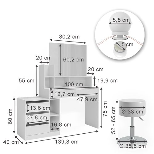 Coiffeuse Anja 41334 Blanc 139.8cm Avec Éclairage LED Et Tabouret