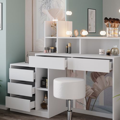 Coiffeuse Anja 41334 Blanc 139.8cm Avec Éclairage LED Et Tabouret