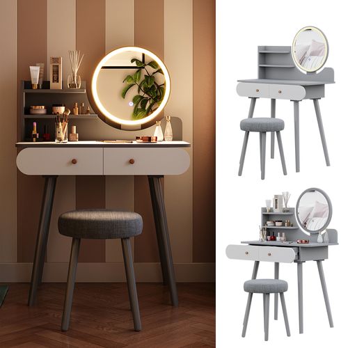 Coiffeuse Edda 41499 Gris 80cm Avec Éclairage LED Et Tabouret