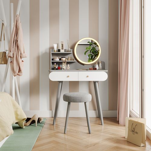 Coiffeuse Edda 41499 Gris 80cm Avec Éclairage LED Et Tabouret
