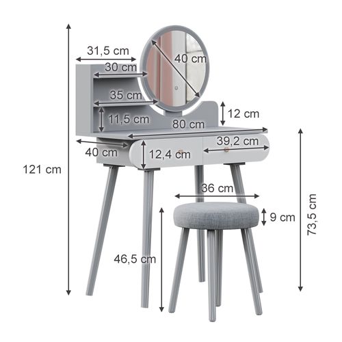 Coiffeuse Edda 41499 Gris 80cm Avec Éclairage LED Et Tabouret