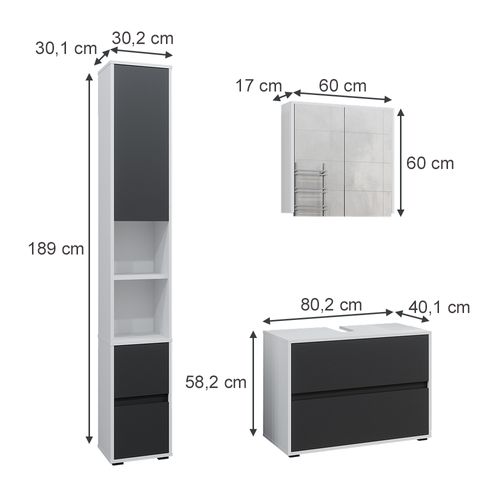 Meubles Bain Maltin 41599 Blanc/anthracite 3 Pièces, Avec Armoire Haute