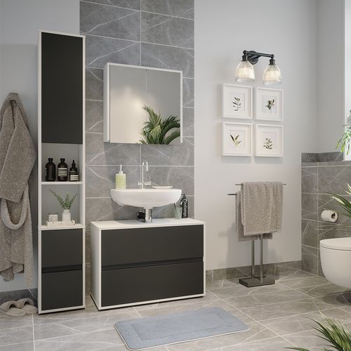 Meubles Bain Maltin 41599 Blanc/anthracite 3 Pièces, Avec Armoire Haute
