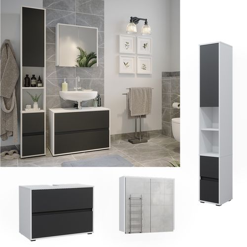 Meubles Bain Maltin 41599 Blanc/anthracite 3 Pièces, Avec Armoire Haute