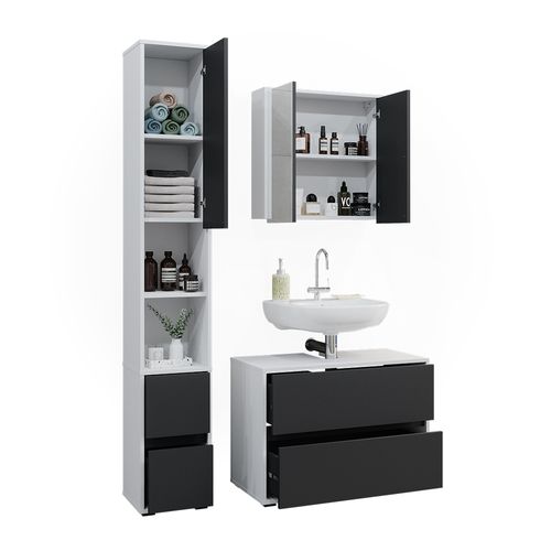 Meubles Bain Maltin 41599 Blanc/anthracite 3 Pièces, Avec Armoire Haute