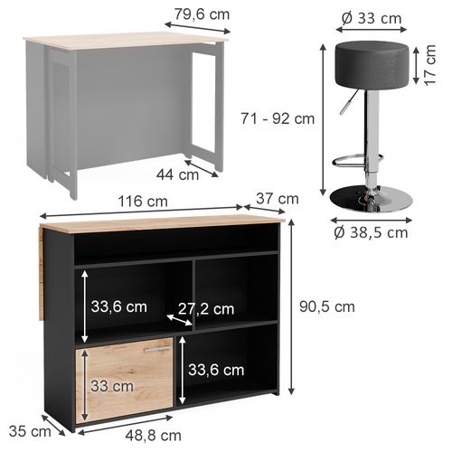 Set De Tables De Bar Dominic 41543 Chêne Doré/anthracite 116x37cm Avec 2 Tabourets De Bar