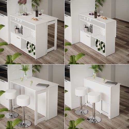 Table De Bar Dominic, Blanc, 116x37cm 4x Compartiments Ouverts Et 1x Porte