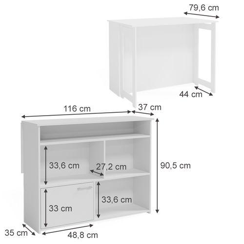 Table De Bar Dominic, Blanc, 116x37cm 4x Compartiments Ouverts Et 1x Porte