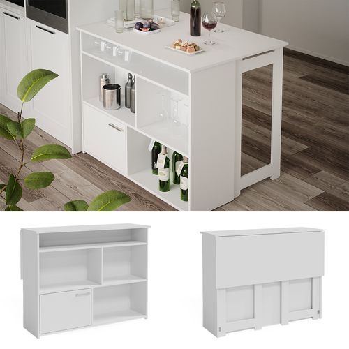 Table De Bar Dominic, Blanc, 116x37cm 4x Compartiments Ouverts Et 1x Porte