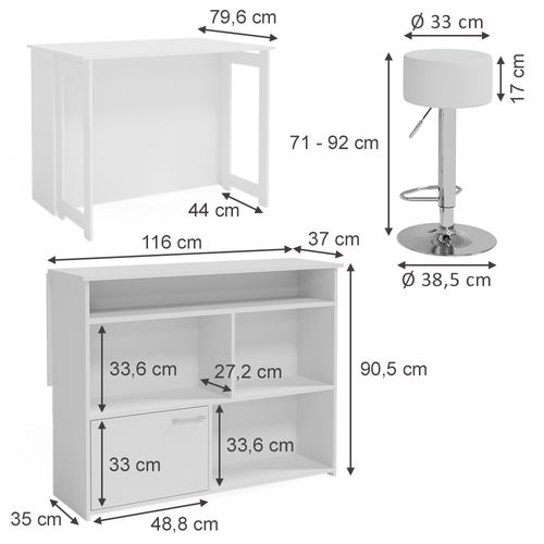Set De Table De Bar Dominic 41544 Blanc 116x37cm Avec 2 Tabourets De Bar