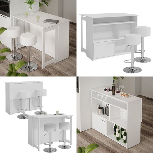 Set De Table De Bar Dominic 41544 Blanc 116x37cm Avec 2 Tabourets De Bar