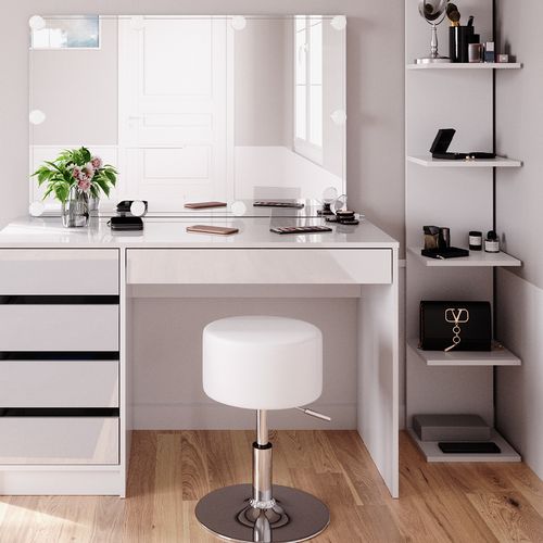 Coiffeuse Sherry 41627 Blanc 4 Pièces, Avec Étagère De Rangement, Miroir, Tabouret, LED