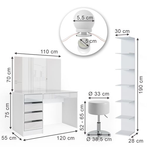 Coiffeuse Sherry 41627 Blanc 4 Pièces, Avec Étagère De Rangement, Miroir, Tabouret, LED