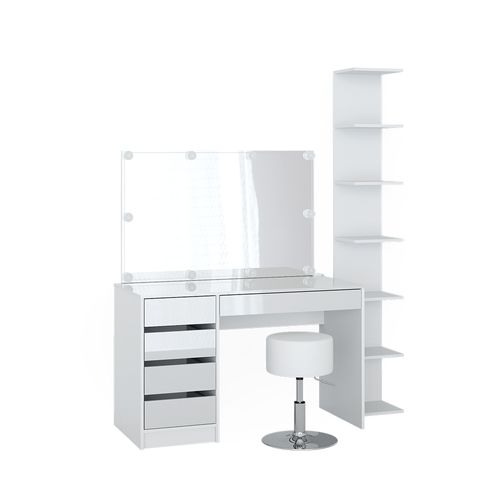 Coiffeuse Sherry 41627 Blanc 4 Pièces, Avec Étagère De Rangement, Miroir, Tabouret, LED
