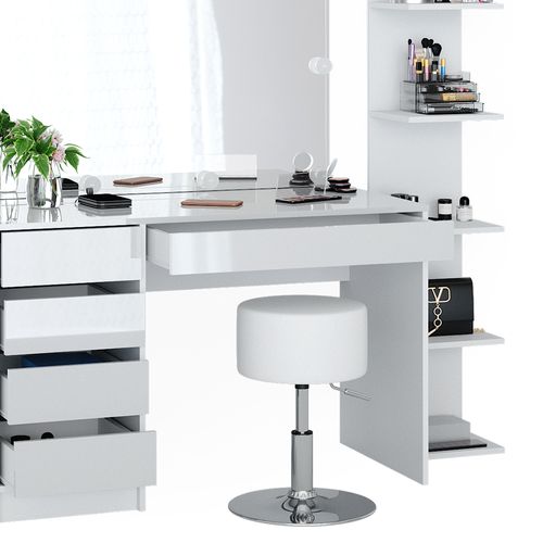 Coiffeuse Sherry 41627 Blanc 4 Pièces, Avec Étagère De Rangement, Miroir, Tabouret, LED