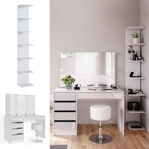 Coiffeuse Sherry 41627 Blanc 4 Pièces, Avec Étagère De Rangement, Miroir, Tabouret, LED