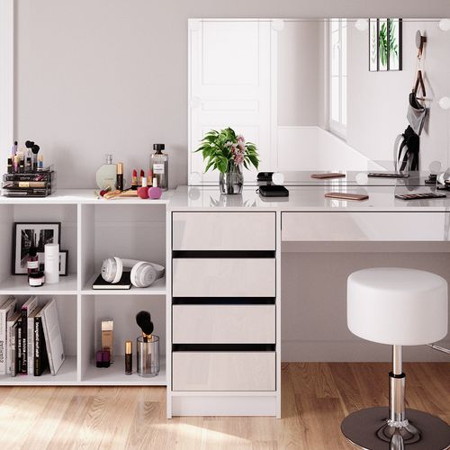 Coiffeuse Sherry 41628 Blanc 120cm 4 Pièces, Avec Étagère Sur Pied, Miroir, Tabouret, LED